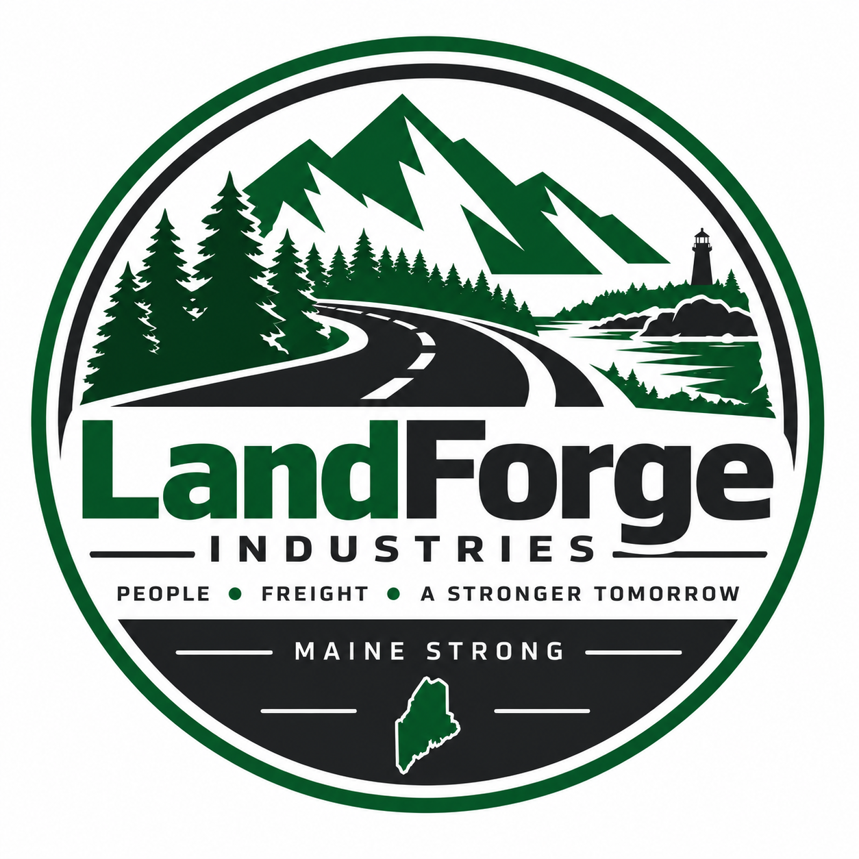 LandForge Industries badge logo with Maine mountains, pine forest, highway, lighthouse and the state outline